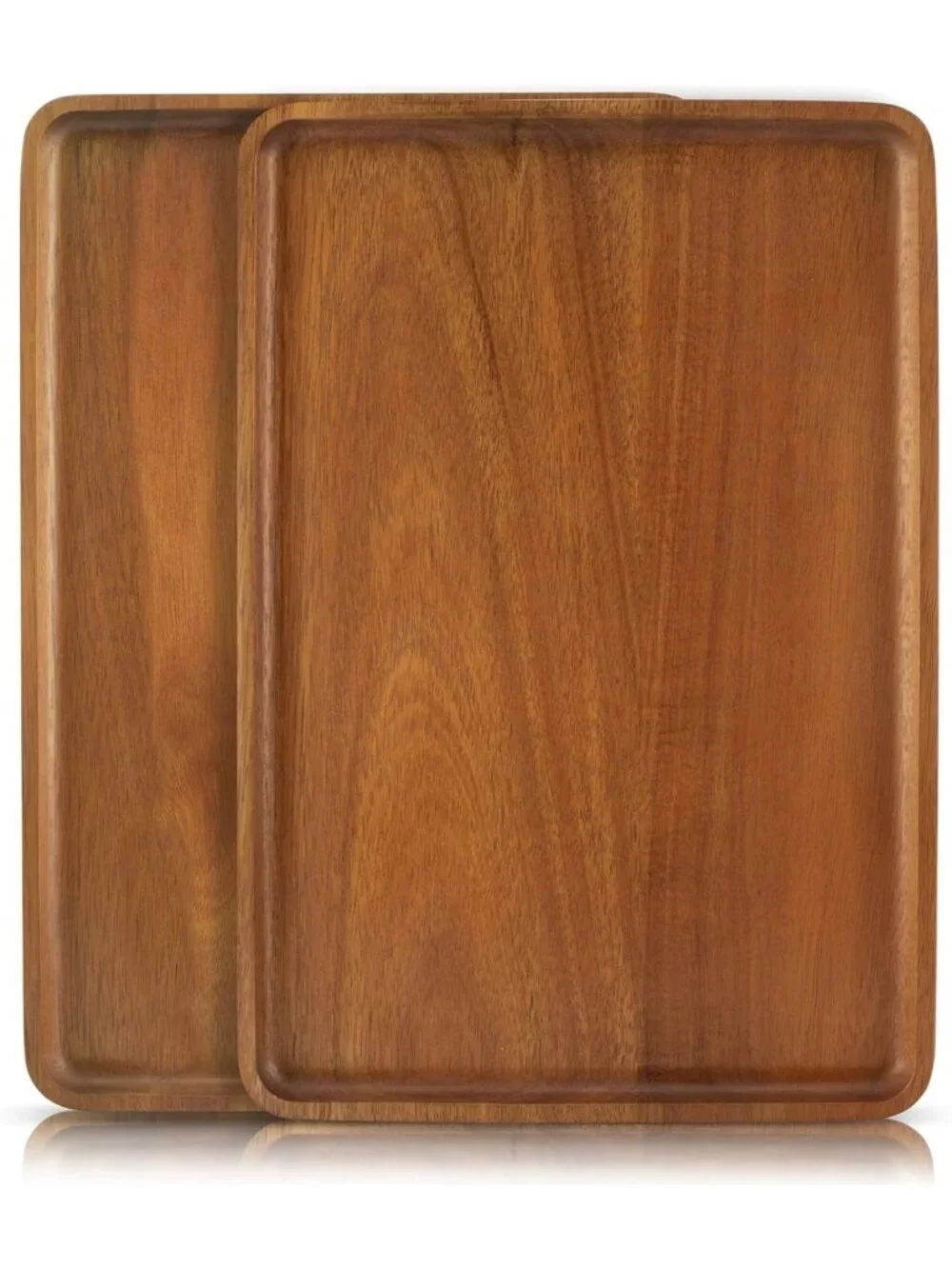 Set of 2 Acacia Wood Serving Trays - Rectangular Natural Wooden Platters for